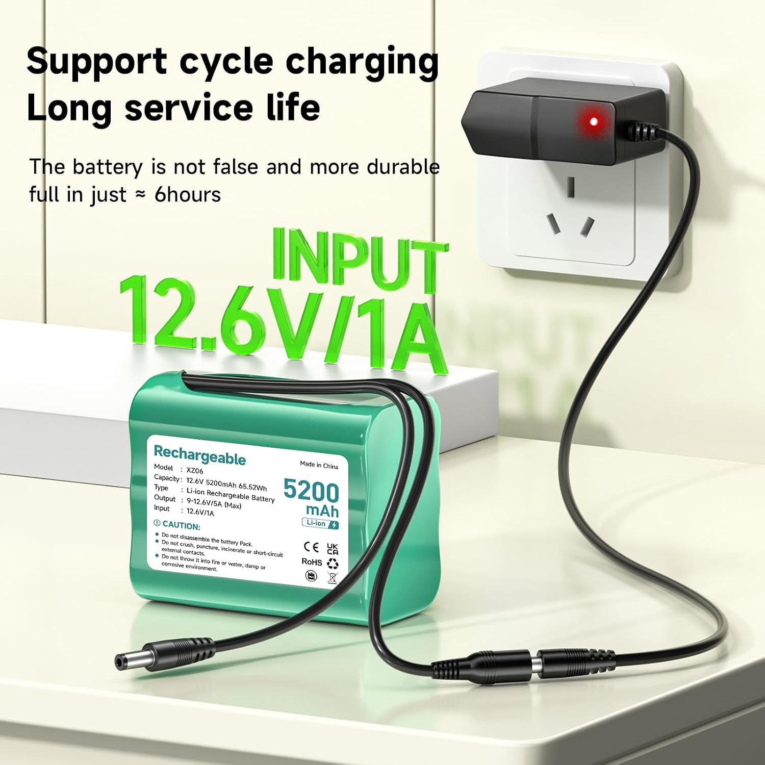 12.6V Lithium-ion batterij 5200 mAh, kleine 12V -batterij met lader- en connectoradapter en verbindingslijn voor soundboks, DAB Radio, Bight Lighting, Headlights, StagePiano, Sonar