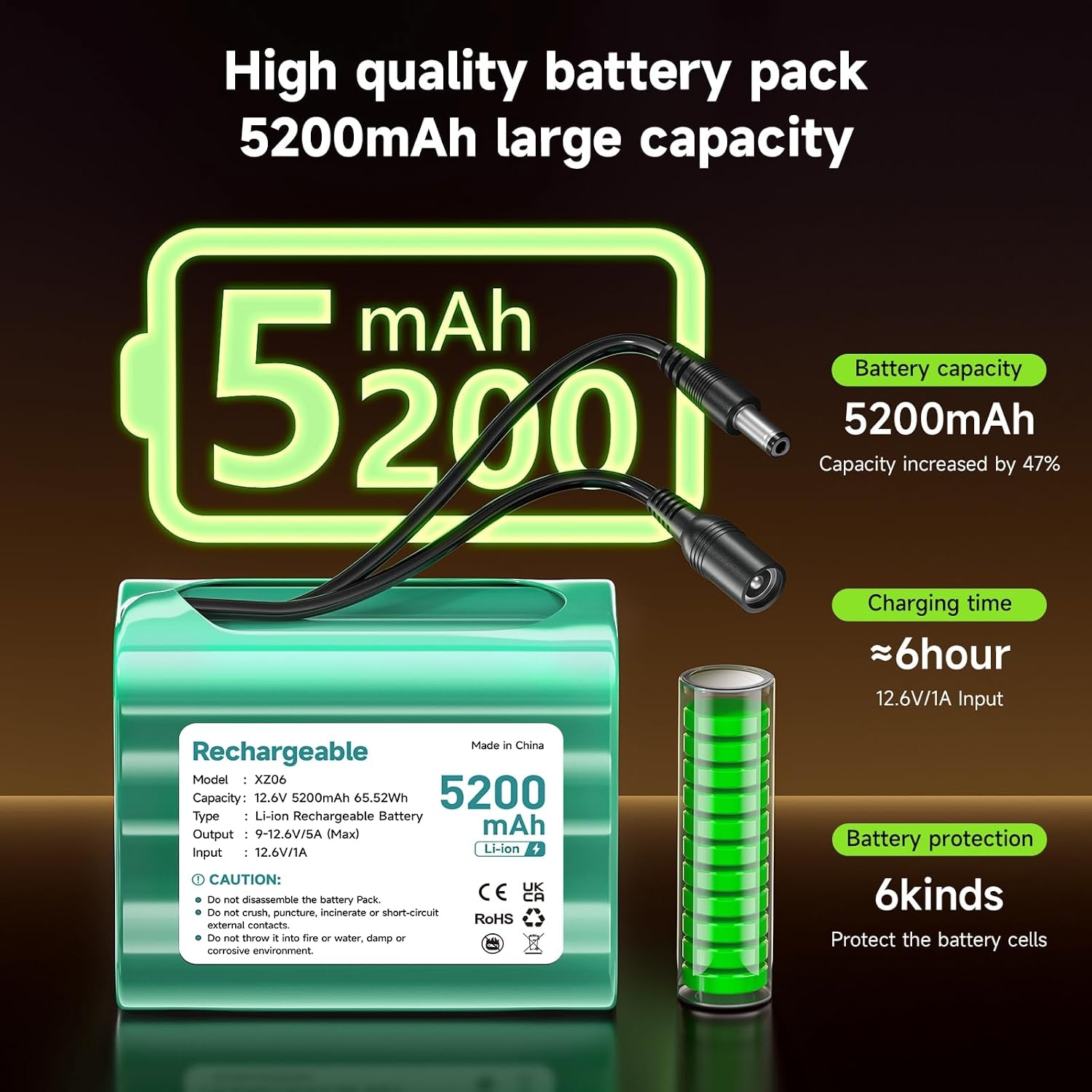 12.6V Lithium-ion batterij 5200 mAh, kleine 12V -batterij met lader- en connectoradapter en verbindingslijn voor soundboks, DAB Radio, Bight Lighting, Headlights, StagePiano, Sonar