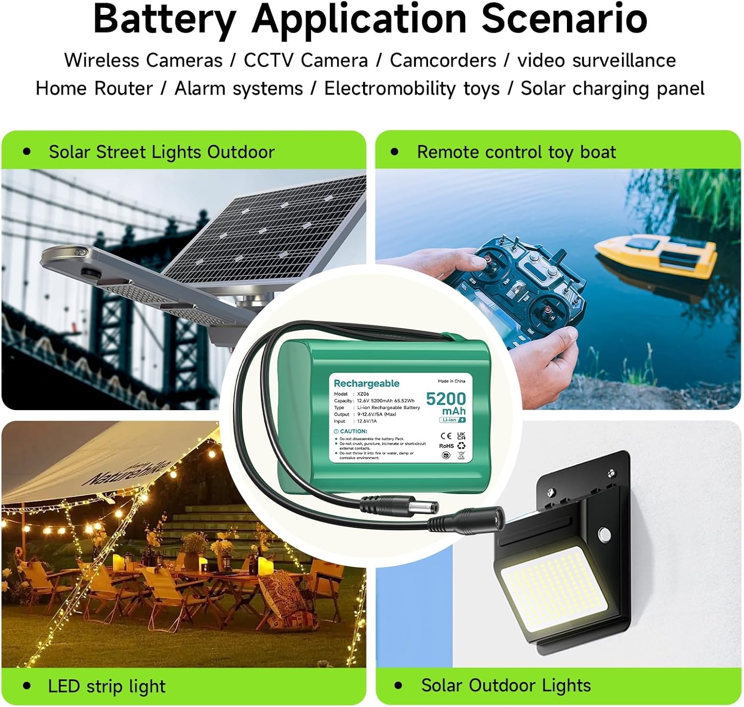 12.6V Lithium-ion batterij 5200 mAh, kleine 12V -batterij met lader- en connectoradapter en verbindingslijn voor soundboks, DAB Radio, Bight Lighting, Headlights, StagePiano, Sonar