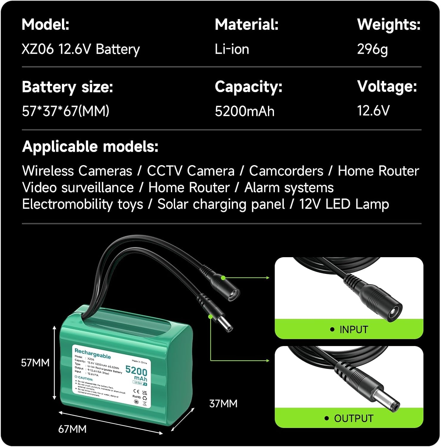 12.6V Lithium-ion batterij 5200 mAh, kleine 12V -batterij met lader- en connectoradapter en verbindingslijn voor soundboks, DAB Radio, Bight Lighting, Headlights, StagePiano, Sonar