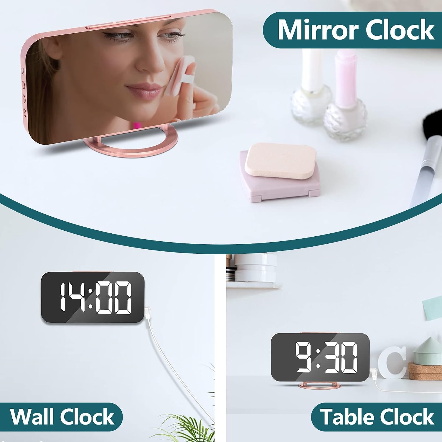 Digitale LED Wekker voor Slaapkamer & Kantoor | 6,5 inch (16,5 cm) Roségoud Tafelklok | Met Snooze, Spiegel, Verstelbare Helderheid, Stil | USB-voedin
