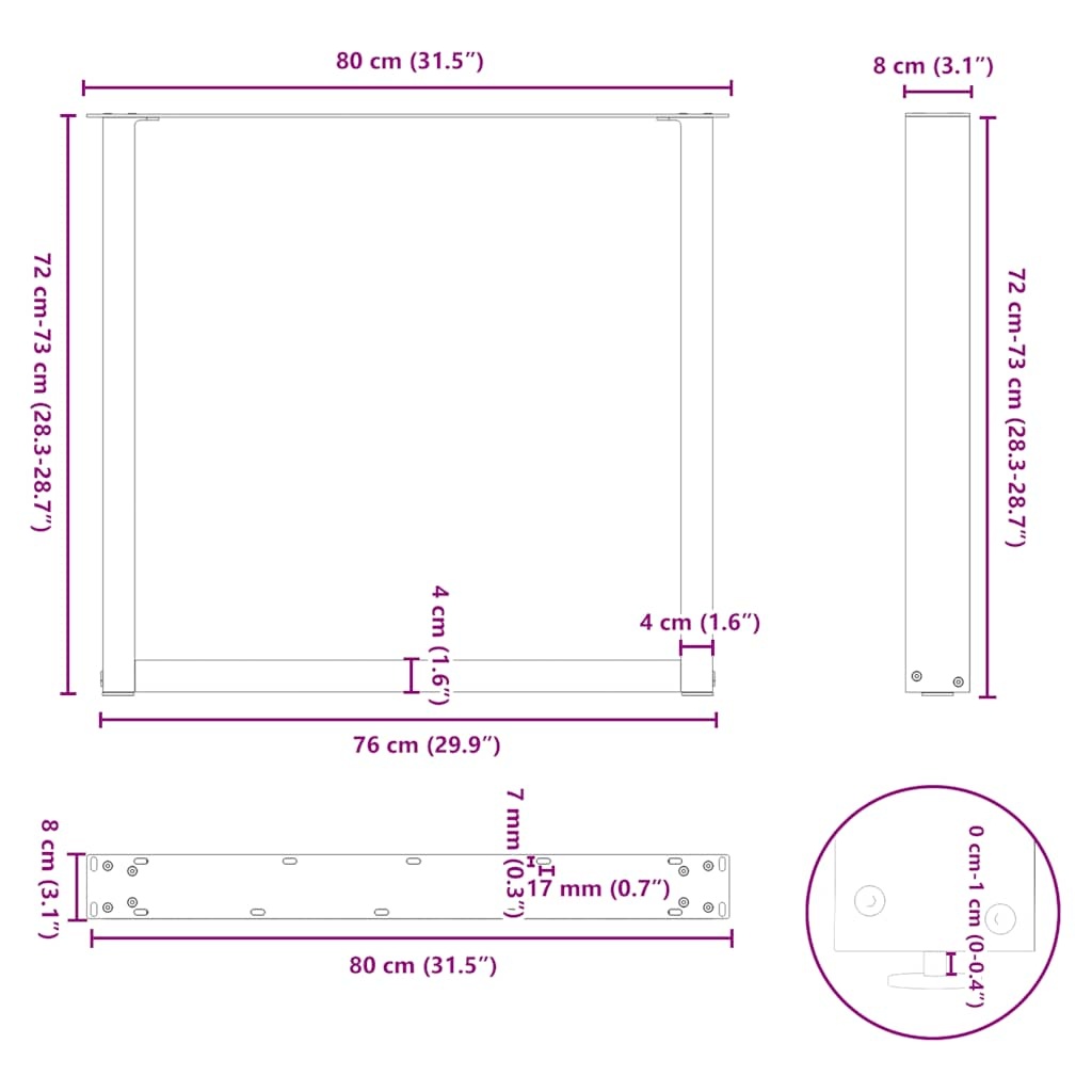 vidaXL Eettafelpoten 2 st U-vormig 80x(72-73) cm staal naturel
