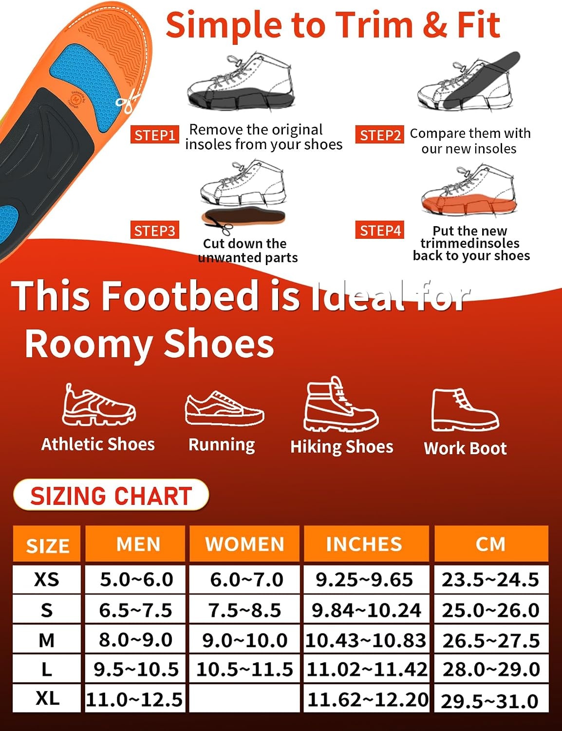 Trustfeet Orthopedische Werkinlegzolen, Boogondersteuning tegen Vermoeidheid en Fasciitis Plantaris, Comfort Inlegzolen voor Dames en Heren, Werkschoen Schoeninlegzolen voor de Hele Dag Staan-XS - Maat XS(36-38 EU)24.5cm