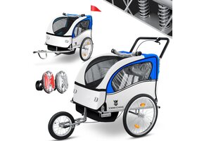Blauwe Fietskar voor Kinderen (2-Zits) - Met Schokbreker & Kinderwagenfunctie | 32% Korting