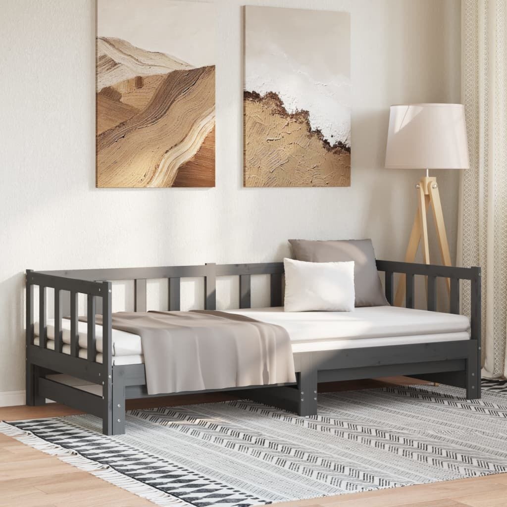 vidaXL Slaapbank uitschuifbaar massief grenenhout grijs 2x(90x190) cm