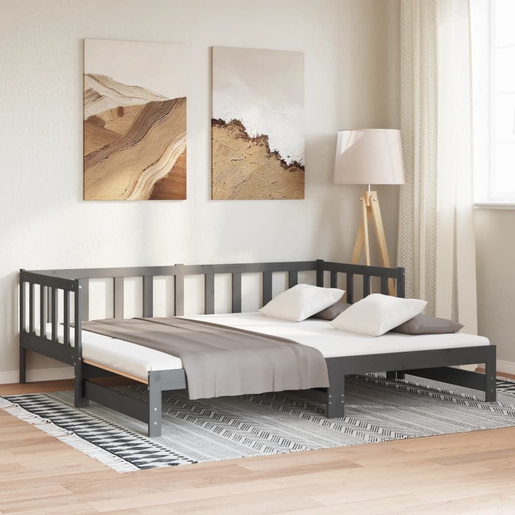 vidaXL Slaapbank uitschuifbaar massief grenenhout grijs 2x(90x190) cm