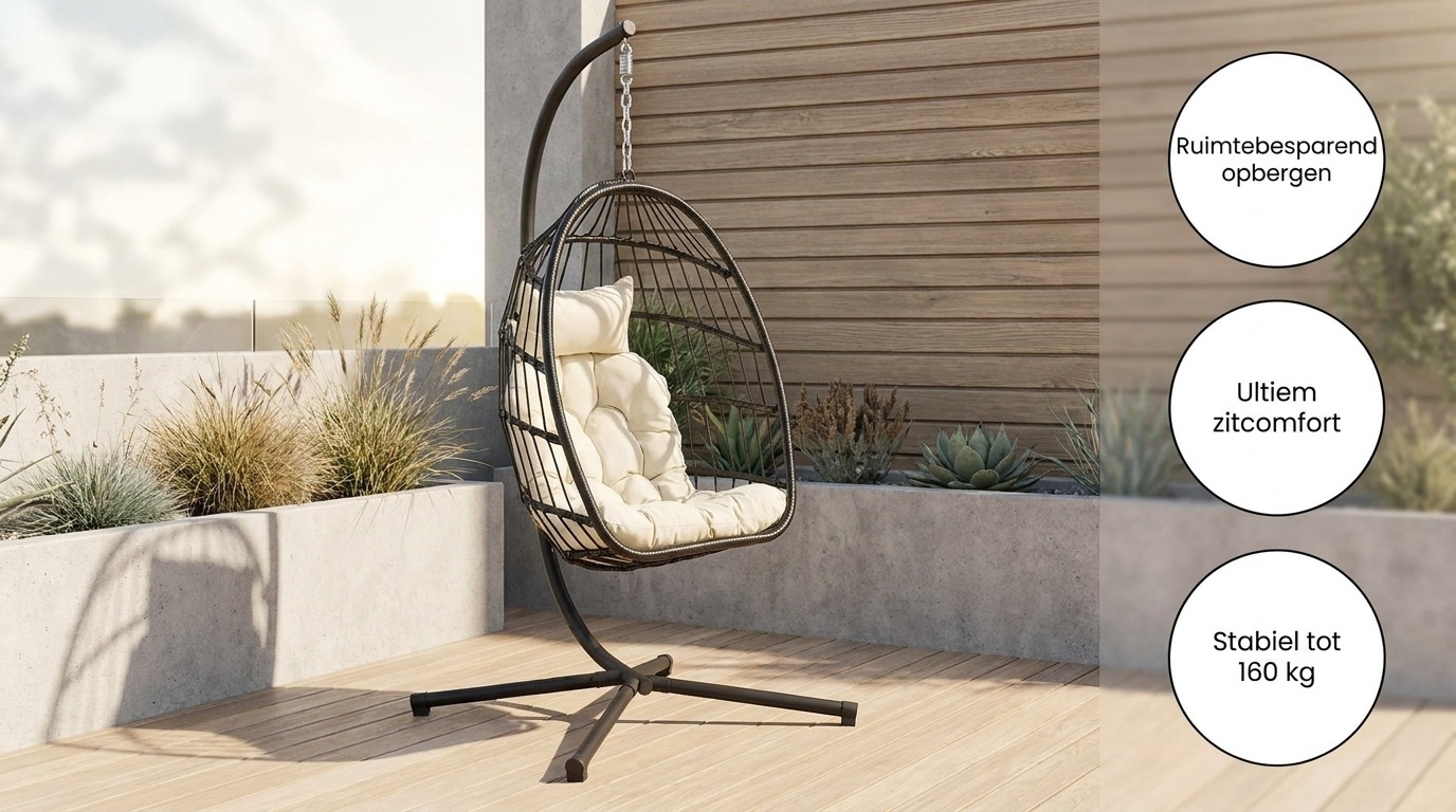 Inklapbare hangstoel egg chair - zwart - beige kussens