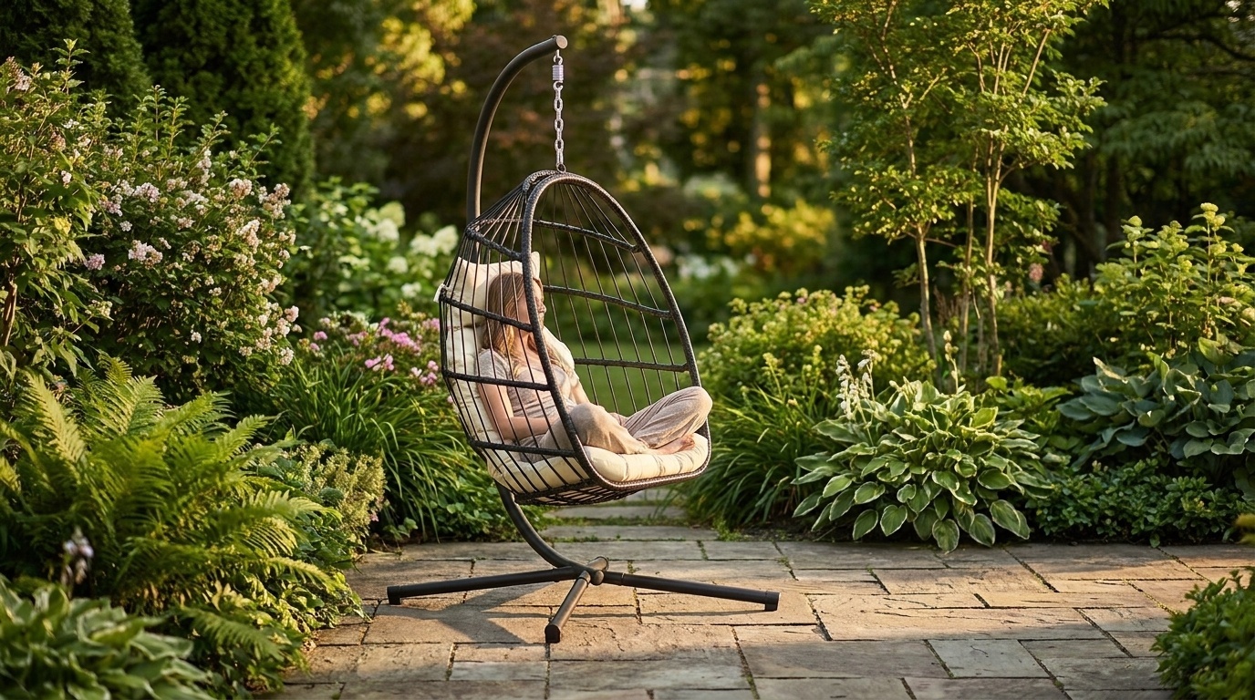 Inklapbare hangstoel egg chair - zwart - beige kussens