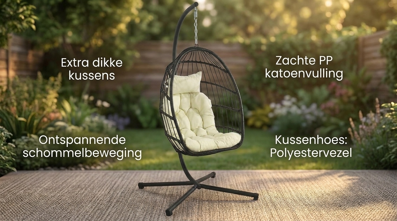 Inklapbare hangstoel egg chair - zwart - beige kussens