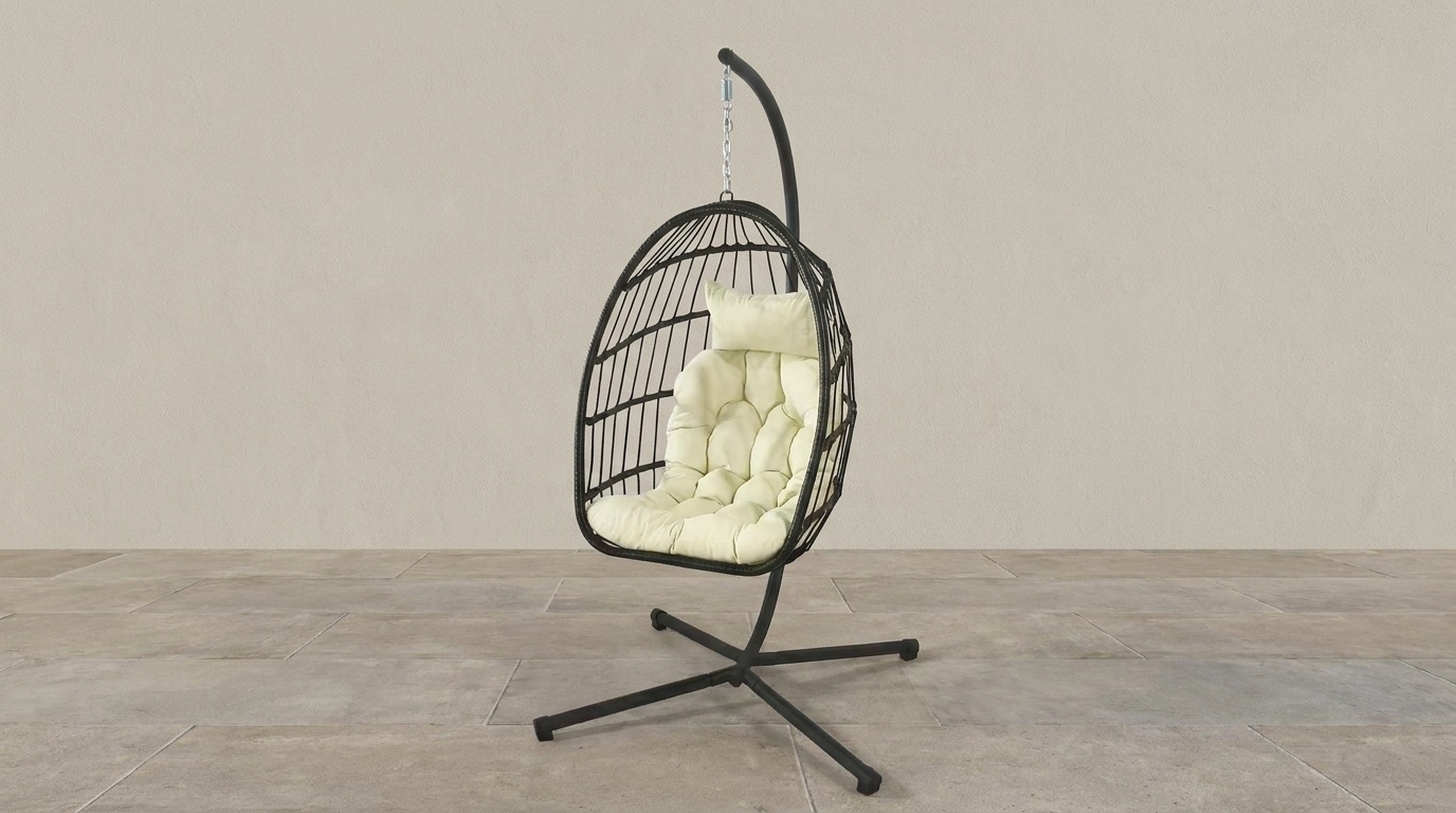 Inklapbare hangstoel egg chair - zwart - beige kussens