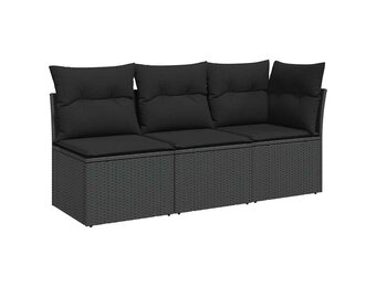 vidaXL Tuinbank 3-zits met kussens poly rattan zwart