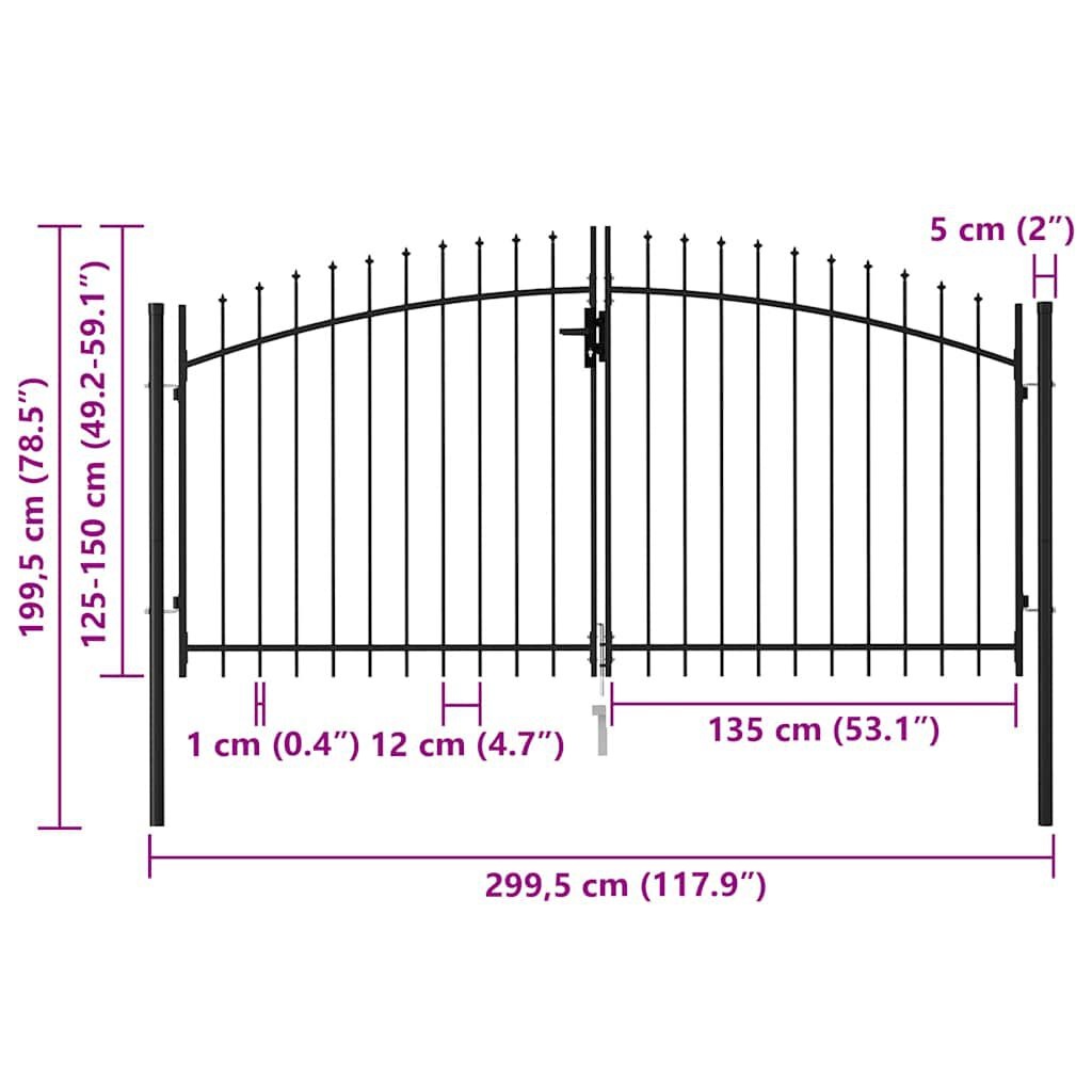 vidaXL Poort met puntige bovenkant dubbel 3x1,5 m staal zwart
