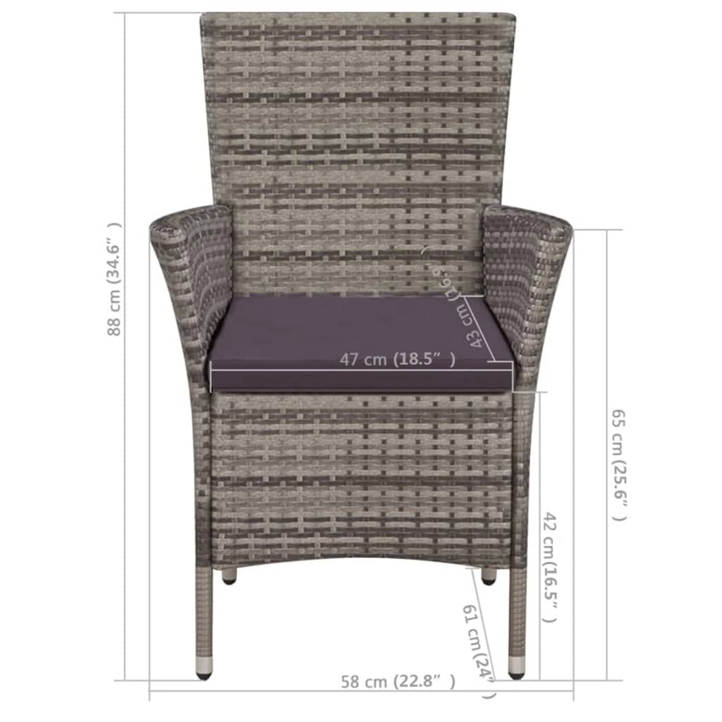 vidaXL Tuinstoel en kruk met kussens poly rattan grijs