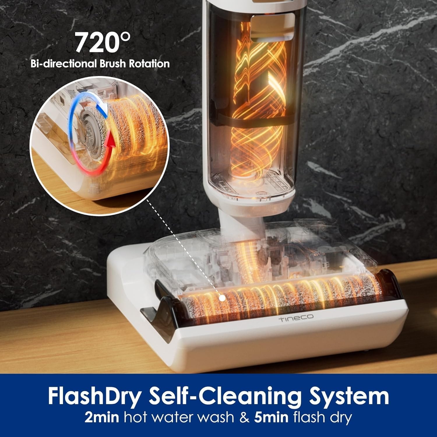 Tineco Floor One Stretch S6 nat-droogzuiger, 180° platte design zuigmop 13cm lighoogte, 70°C 5min FlashDry zelfreinigend, 3-zijdige randreiniging 40min looptijd Reiniging onder diep meubilair - Maat Floor One Stretch S6