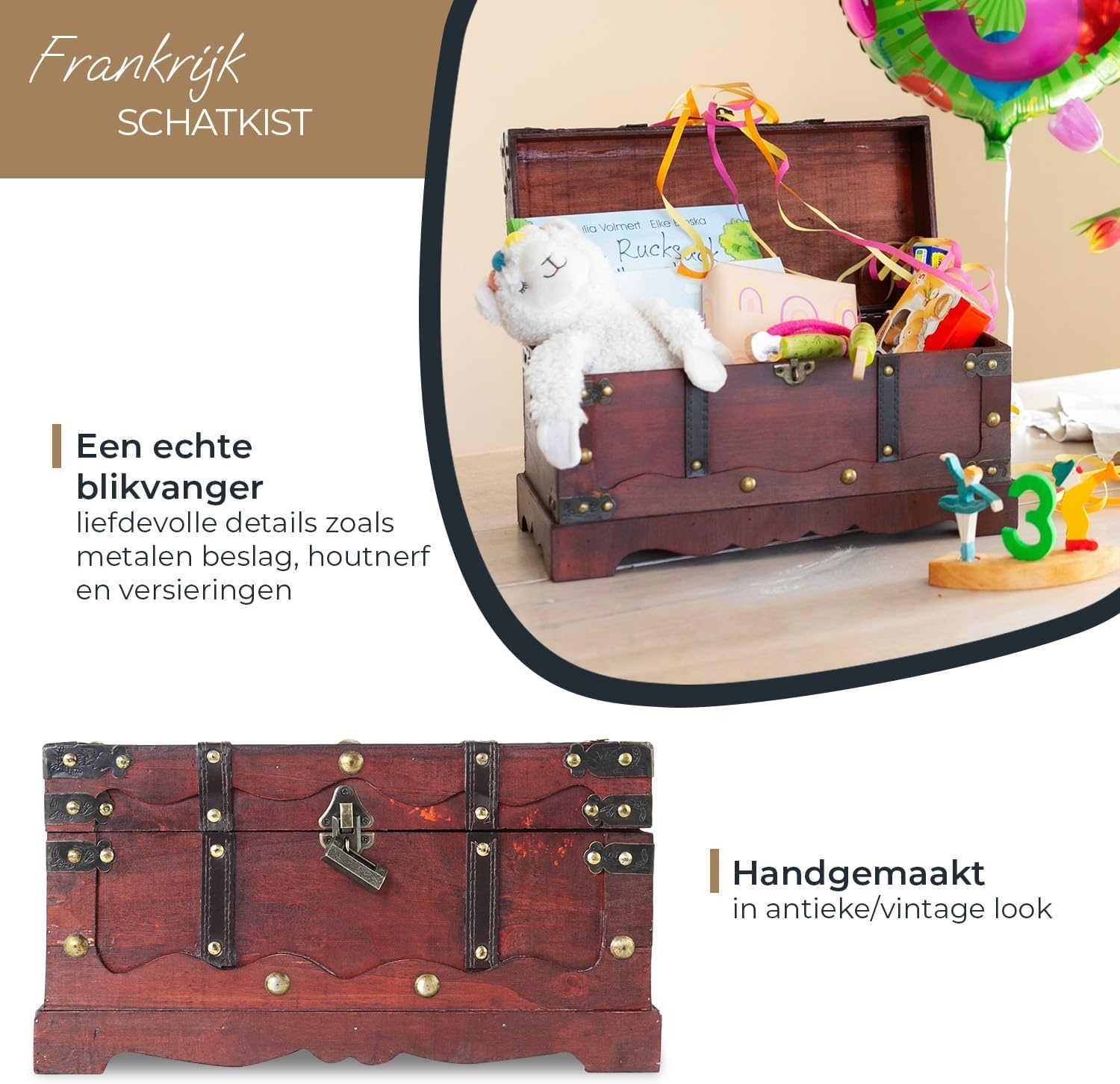 HMF Schatkist van hout, grote Schatkist met decoratief slot voor kinderfeestje | 40 x 19 x 22 cm | Frankrijk - Maat 40 cm