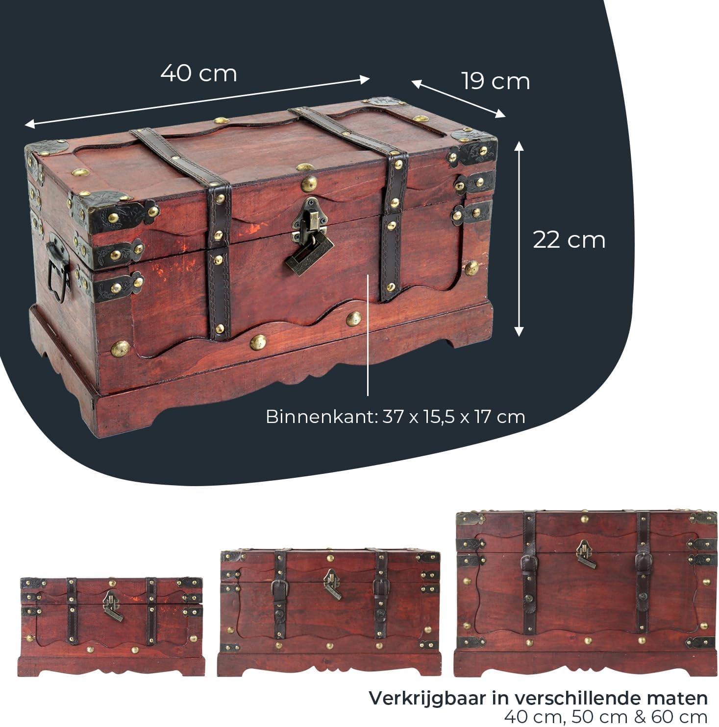 HMF Schatkist van hout, grote Schatkist met decoratief slot voor kinderfeestje | 40 x 19 x 22 cm | Frankrijk - Maat 40 cm