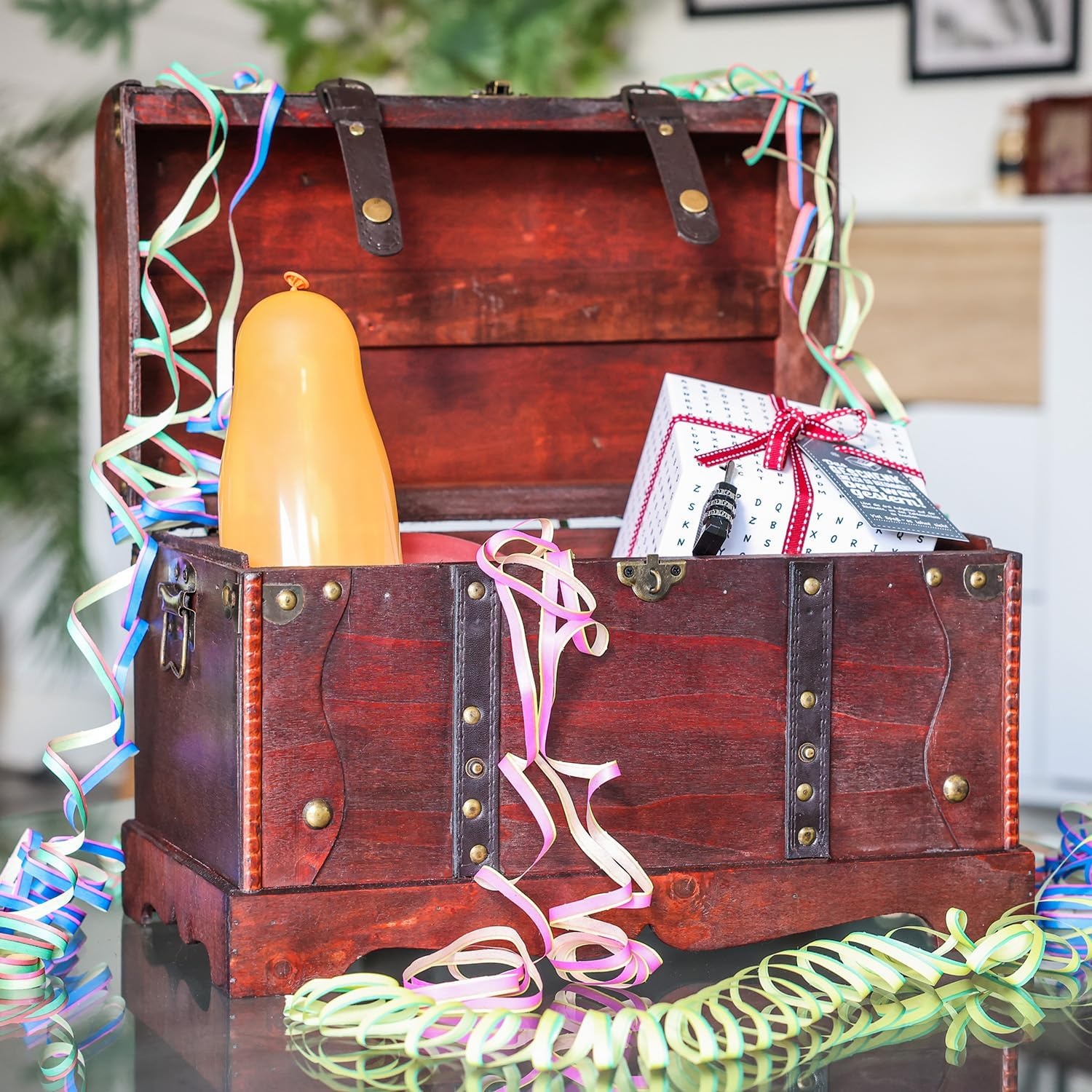HMF Schatkist van hout, grote Schatkist met decoratief slot voor kinderfeestje | 40 x 19 x 22 cm | Frankrijk - Maat 40 cm
