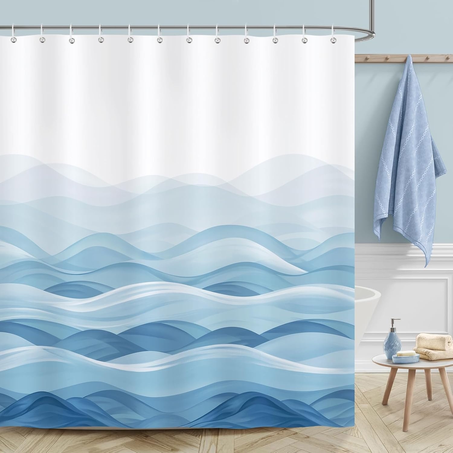 Bonhause Douchegordijn Oceaan Golven - Blauw - 180 x 180 cm - Inclusief 12 haken