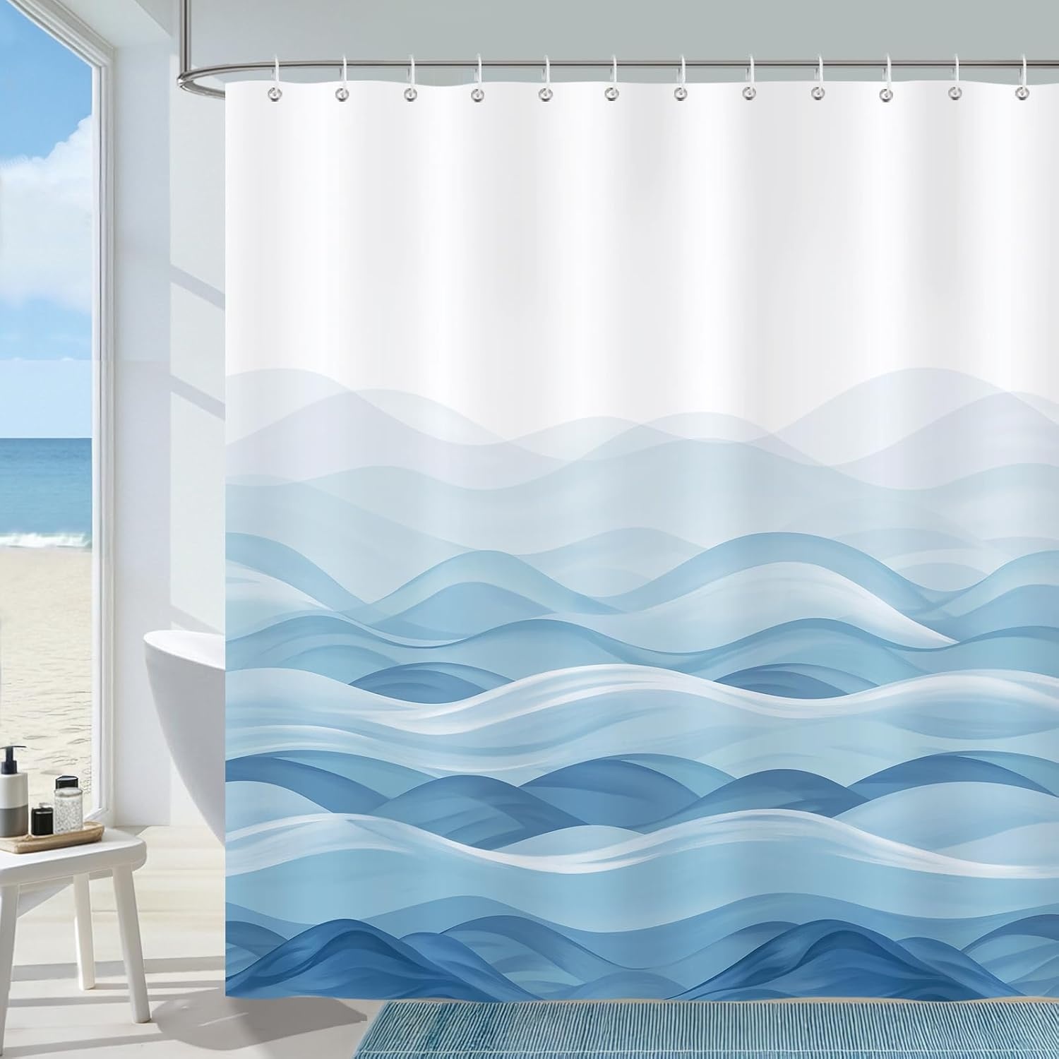 Bonhause Douchegordijn Oceaan Golven - Blauw - 180 x 180 cm - Inclusief 12 haken