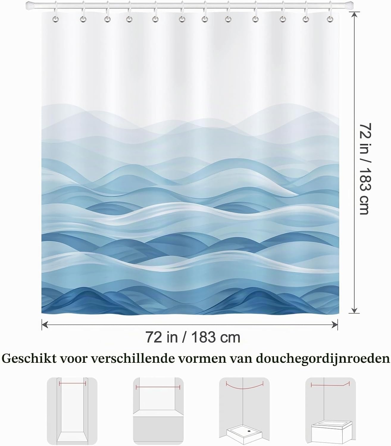 Bonhause Douchegordijn Oceaan Golven - Blauw - 180 x 180 cm - Inclusief 12 haken