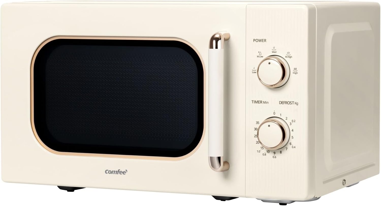 COMFEE CMO-M202NC(CM) Vintage retro elegante magnetron met 5 standen, 700 W, 20 l, instelbare timer 0-35 minuten, eenvoudige bediening, binnenverlichting, abrikooscrème
