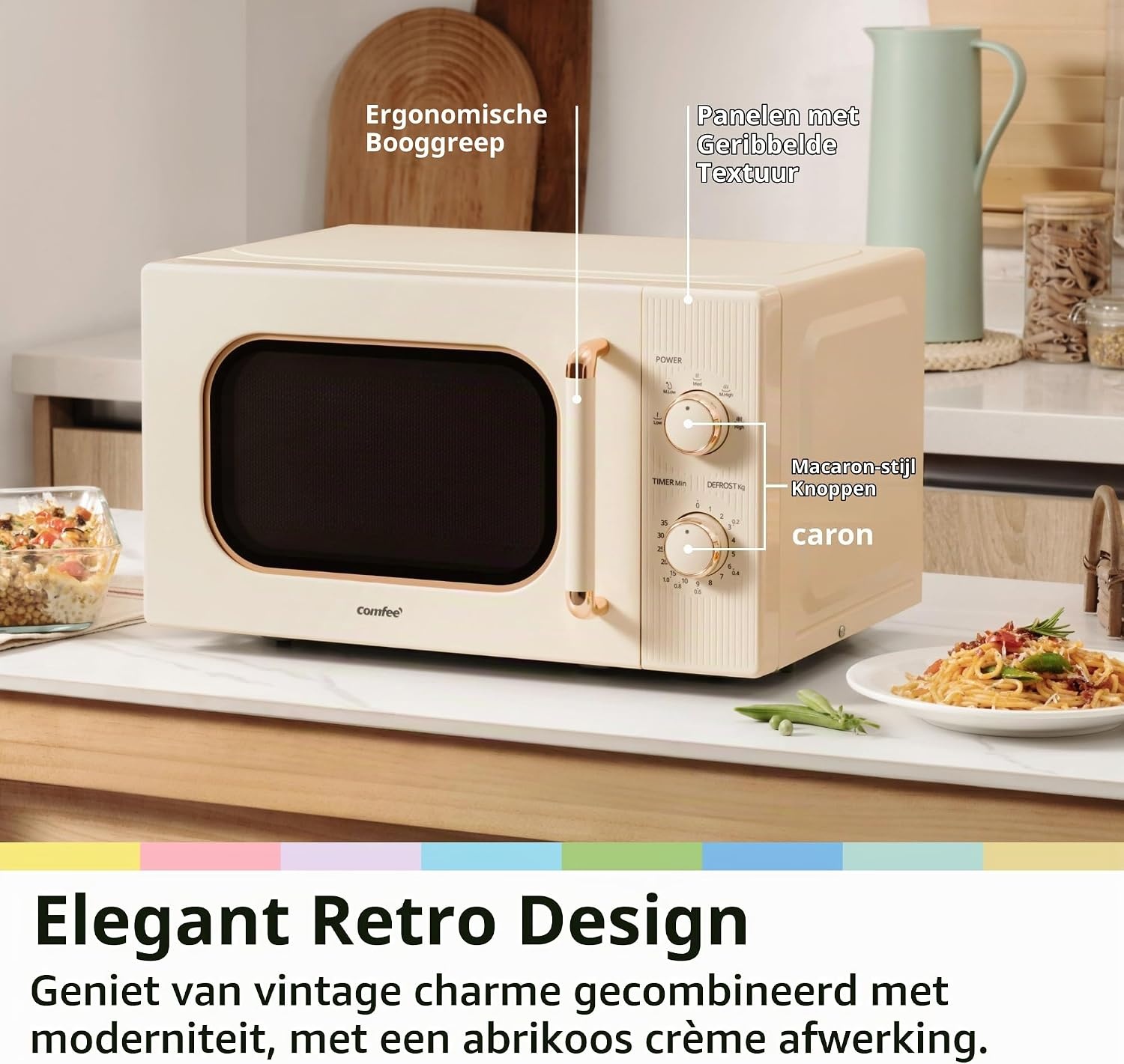 COMFEE CMO-M202NC(CM) Vintage retro elegante magnetron met 5 standen, 700 W, 20 l, instelbare timer 0-35 minuten, eenvoudige bediening, binnenverlichting, abrikooscrème