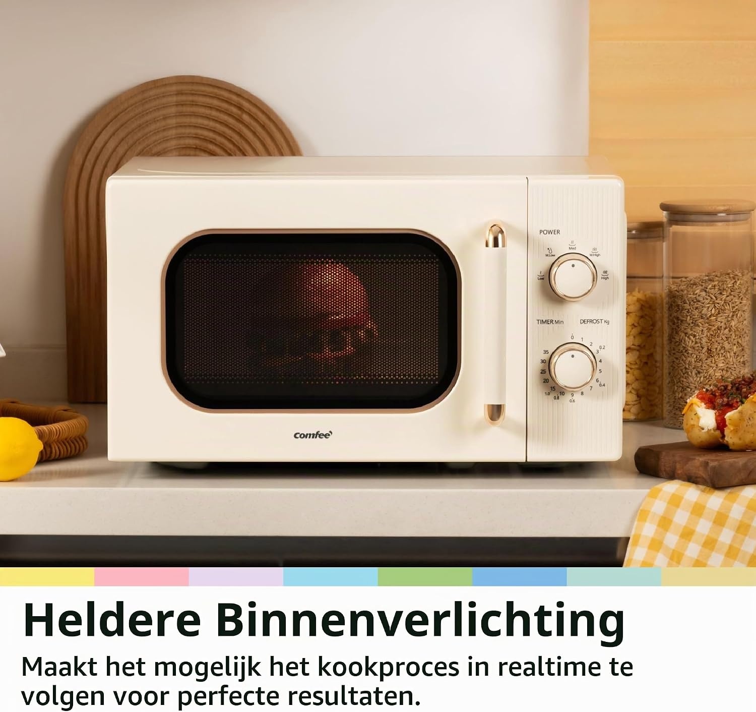 COMFEE CMO-M202NC(CM) Vintage retro elegante magnetron met 5 standen, 700 W, 20 l, instelbare timer 0-35 minuten, eenvoudige bediening, binnenverlichting, abrikooscrème