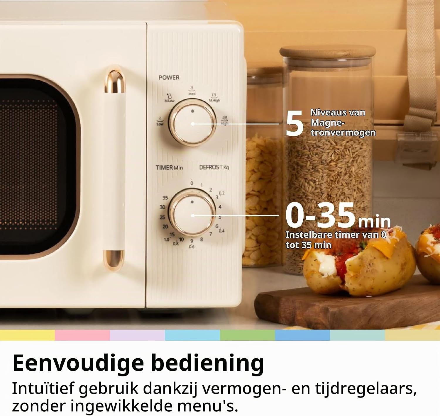 COMFEE CMO-M202NC(CM) Vintage retro elegante magnetron met 5 standen, 700 W, 20 l, instelbare timer 0-35 minuten, eenvoudige bediening, binnenverlichting, abrikooscrème