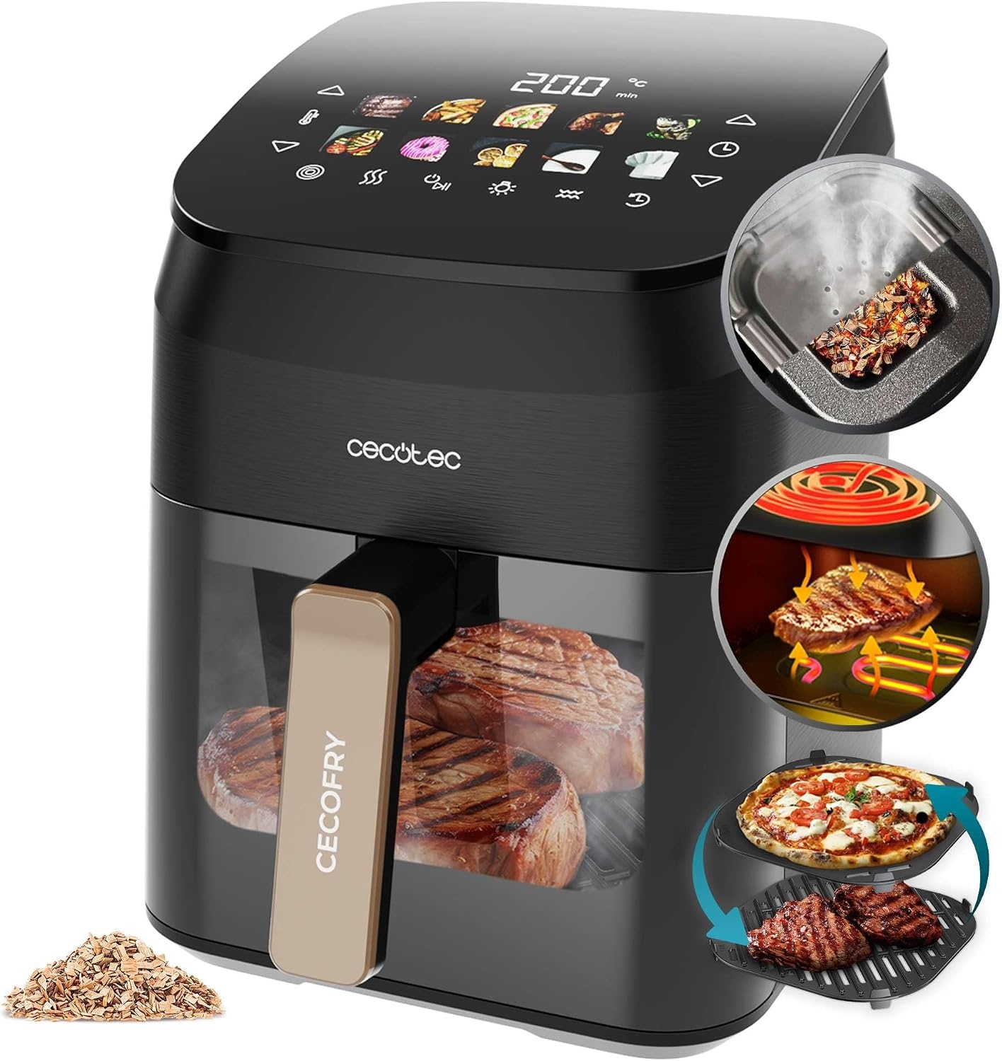 Cecotec Air Fryer Cecofry & Grill Smokin' 4500 4.5 Litres, 1900 W, Grill Plate – Double Resistance, Integrated Smoker, Temperature Adjustable from 104 – 392 °F, 10 Menus - Maat 4.5 L