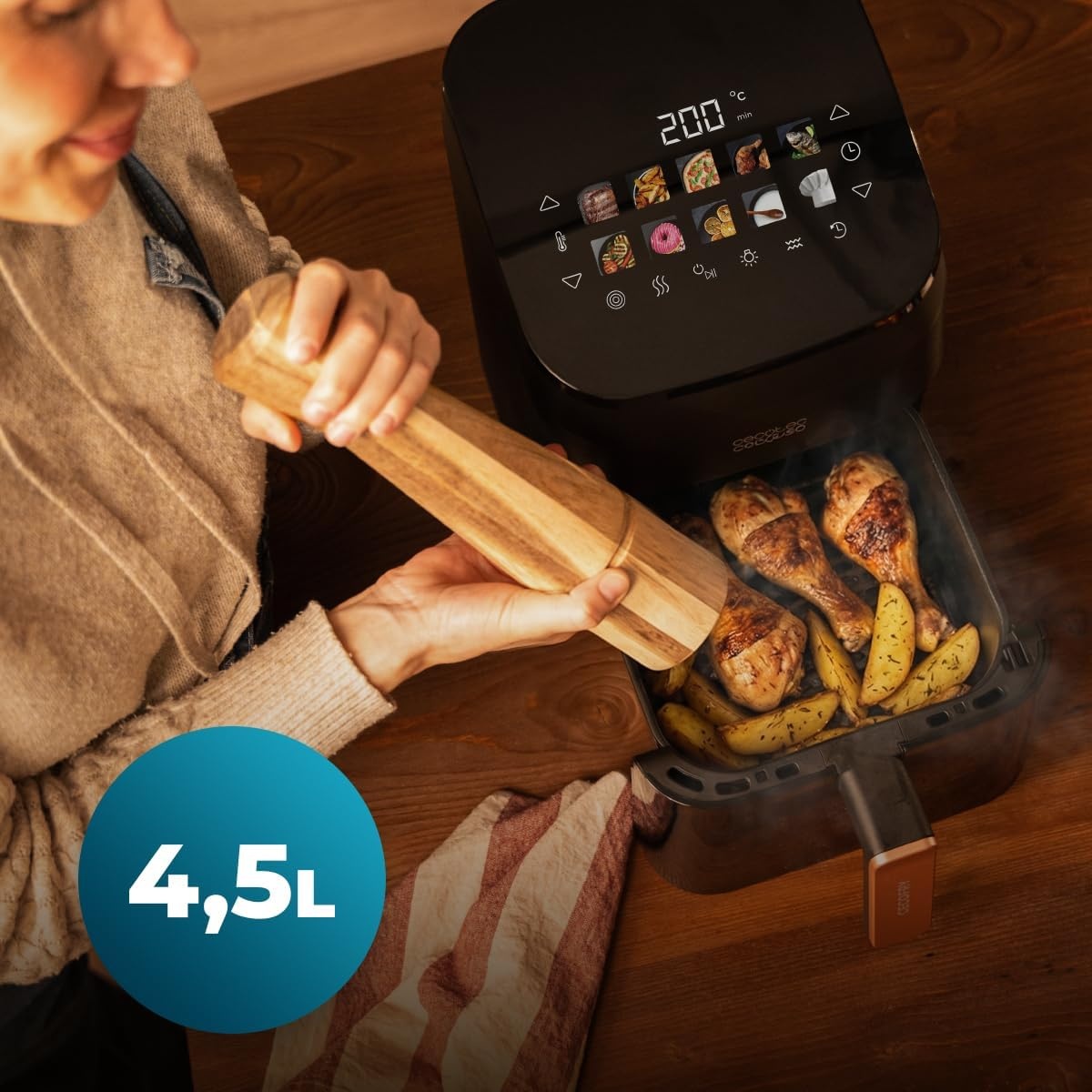 Cecotec Air Fryer Cecofry & Grill Smokin' 4500 4.5 Litres, 1900 W, Grill Plate – Double Resistance, Integrated Smoker, Temperature Adjustable from 104 – 392 °F, 10 Menus - Maat 4.5 L