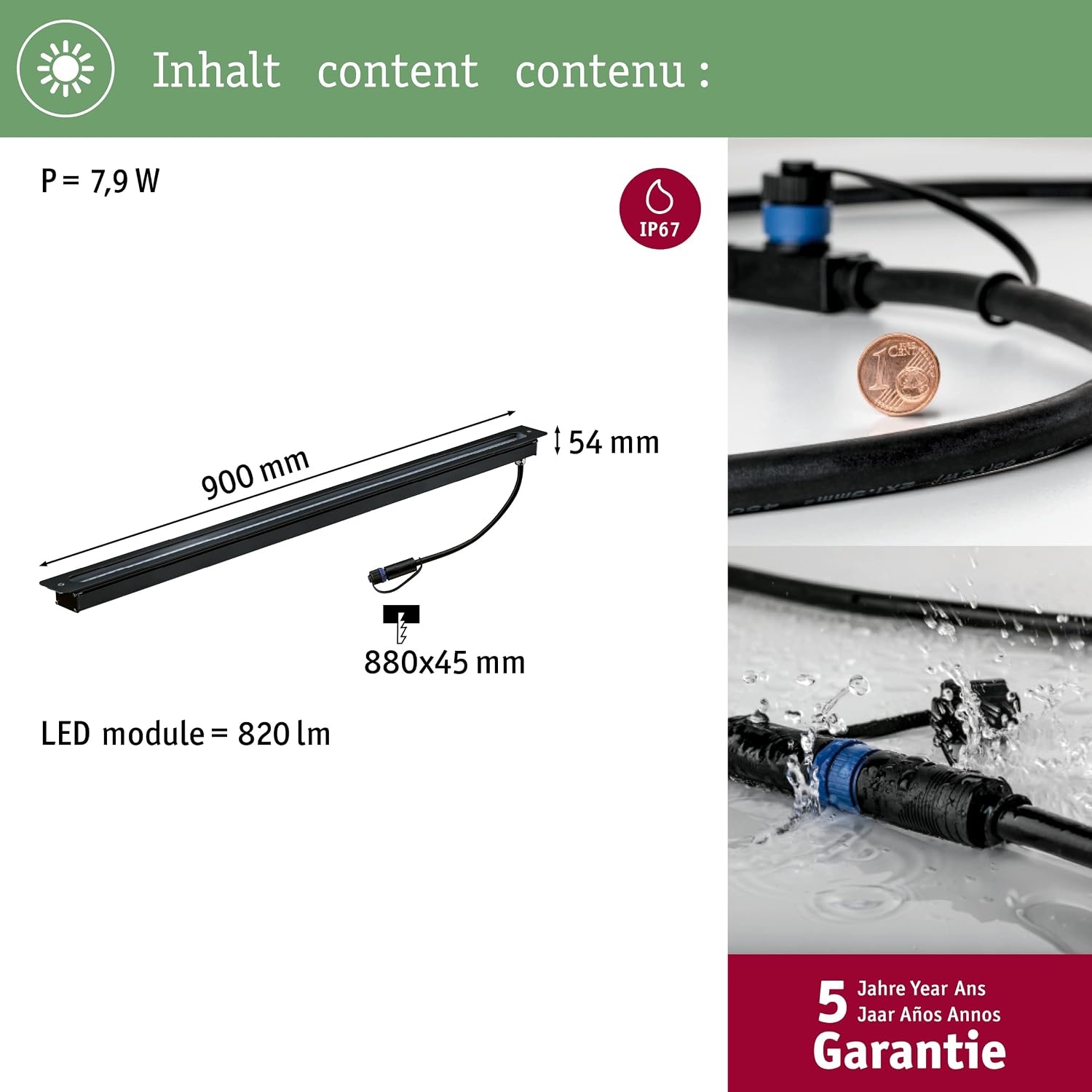 Paulmann 93921 Outdoor Plug & Shine vloerinbouwarmatuur IP67 3000K 8W 24V stralingshoek 95 ° 93921 LED inbouwspot terrasverlichting, buitenverlichting, 90 x 5,4 x 4,5 cm, Antraciet