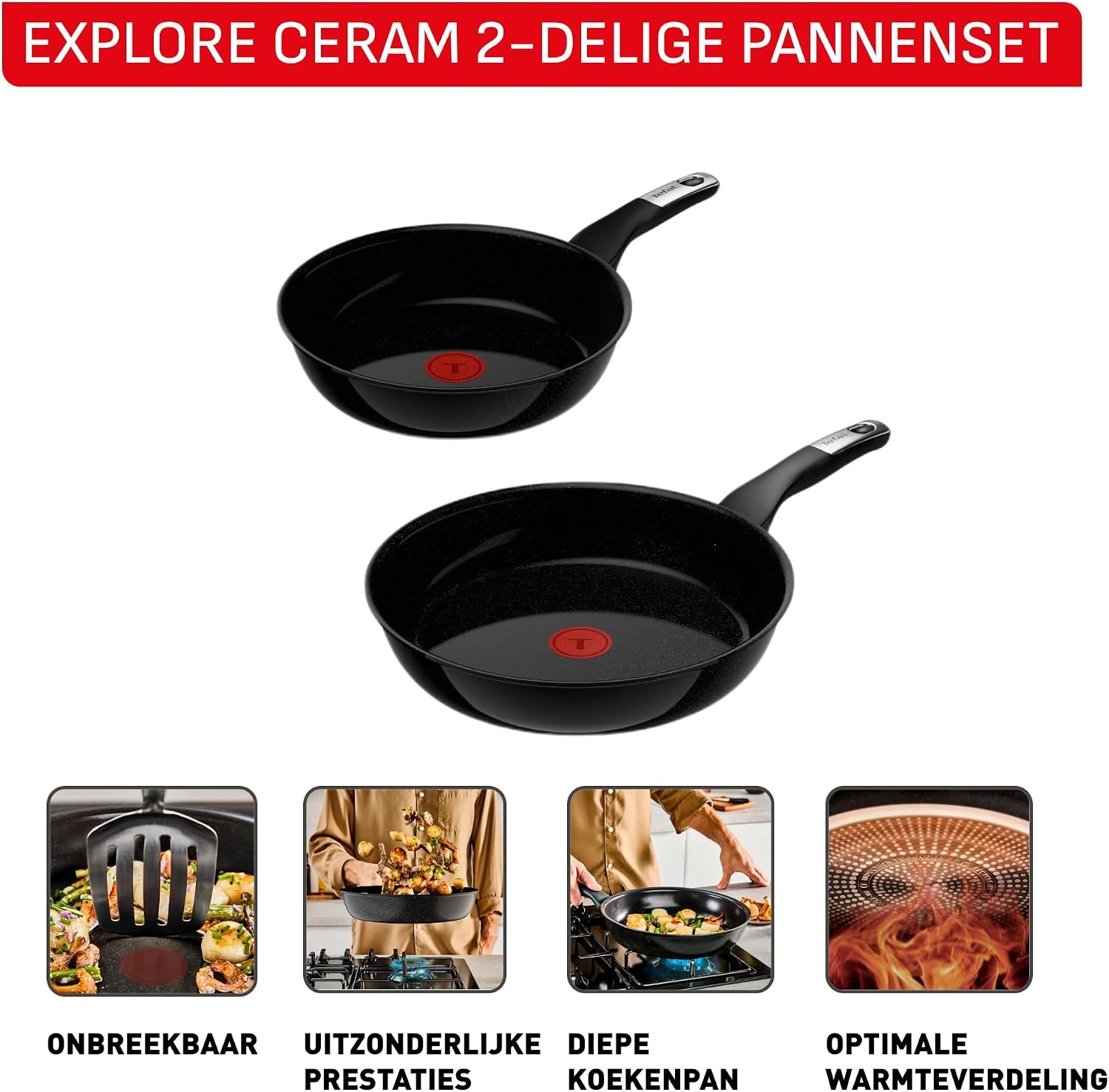 Tefal Explore Ceramic G2149032 Set van 2 Anti-aanbak Koekenpannen 24 en 28 cm, Keramische Titaniumlaag, Inductiegeschikt, Thermo-Spot Indicator, PFOA-vrij, Vaatwasmachinebestendig