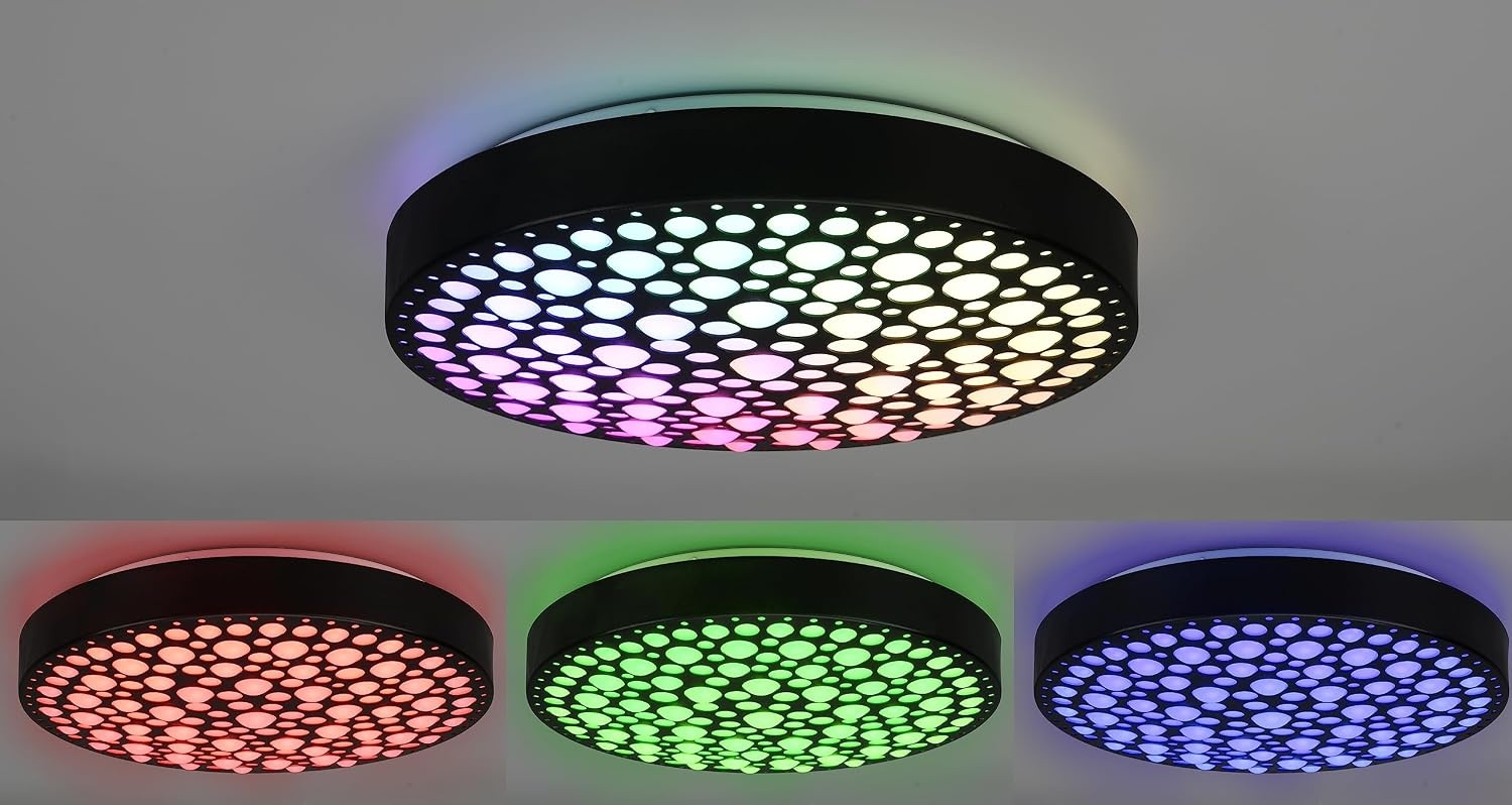 Reality Leuchten LED plafondlamp Chizu R67161132, kunststof zwart mat, incl. 22 Watt Rainbow LED, afstandsbediening, dimmer, kleurverandering, nachtlampje