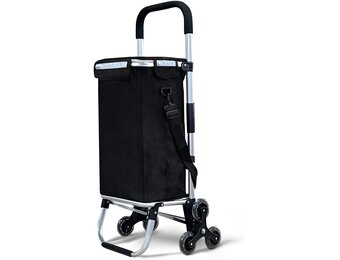VOUNOT Boodschappentrolley met 6 wielen van aluminium met waterdicht geïsoleerd vak, boodschappentrolley, opvouwbaar, 3-in-1, tas, trolley, trap, zwart