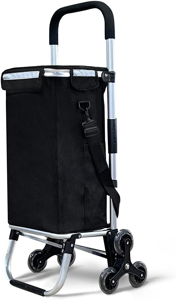 VOUNOT Boodschappentrolley met 6 wielen van aluminium met waterdicht geïsoleerd vak, boodschappentrolley, opvouwbaar, 3-in-1, tas, trolley, trap, zwart