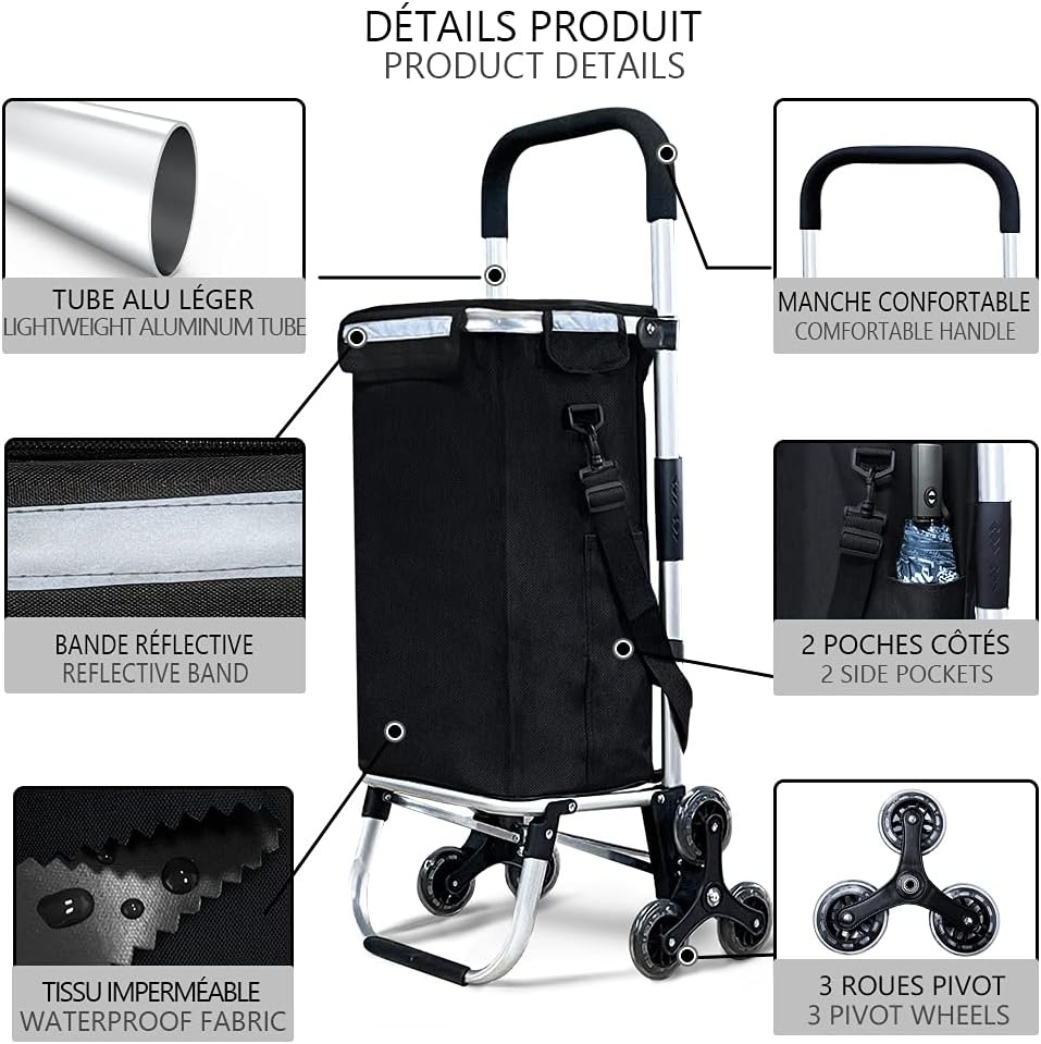 VOUNOT Boodschappentrolley met 6 wielen van aluminium met waterdicht geïsoleerd vak, boodschappentrolley, opvouwbaar, 3-in-1, tas, trolley, trap, zwart