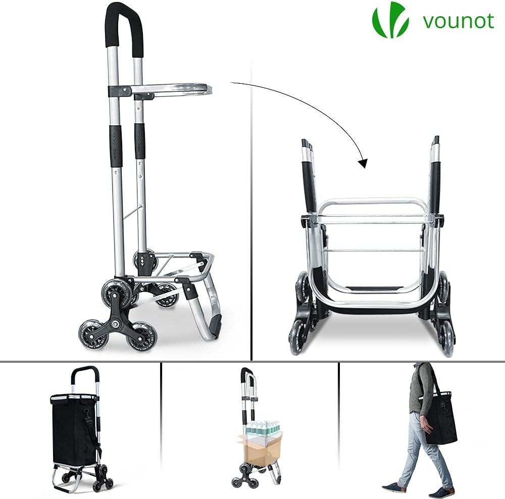 VOUNOT Boodschappentrolley met 6 wielen van aluminium met waterdicht geïsoleerd vak, boodschappentrolley, opvouwbaar, 3-in-1, tas, trolley, trap, zwart