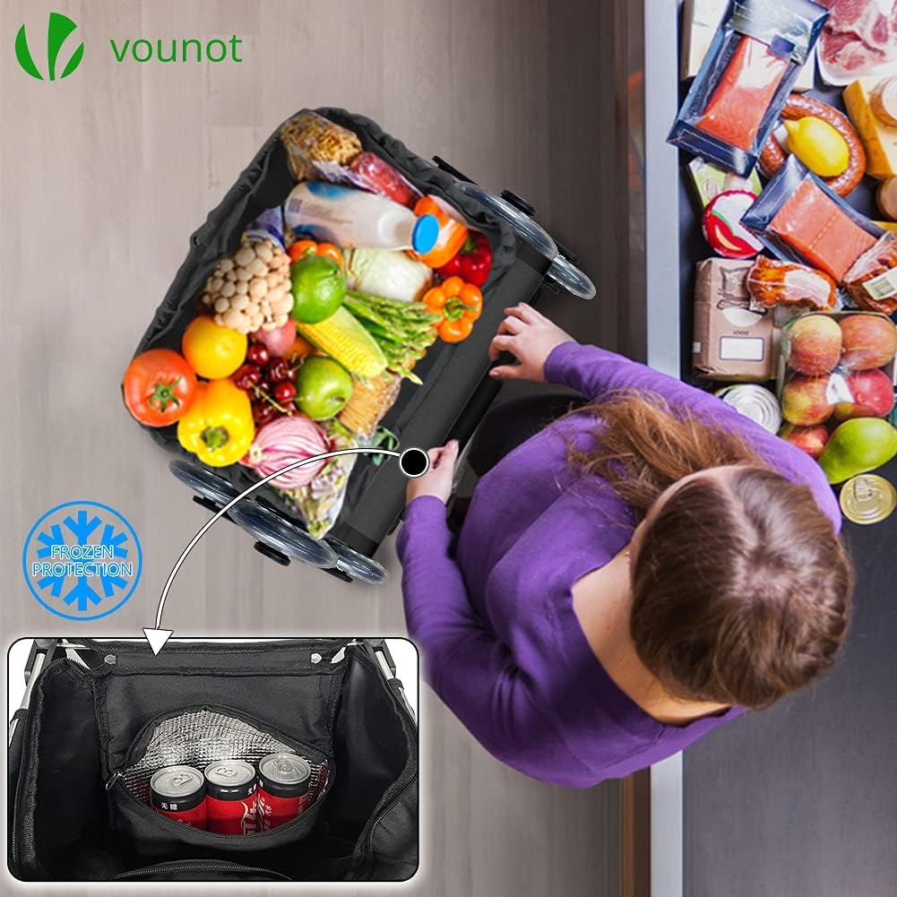VOUNOT Boodschappentrolley met 6 wielen van aluminium met waterdicht geïsoleerd vak, boodschappentrolley, opvouwbaar, 3-in-1, tas, trolley, trap, zwart