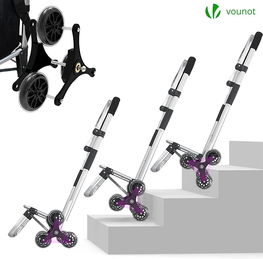 VOUNOT Boodschappentrolley met 6 wielen van aluminium met waterdicht geïsoleerd vak, boodschappentrolley, opvouwbaar, 3-in-1, tas, trolley, trap, zwart