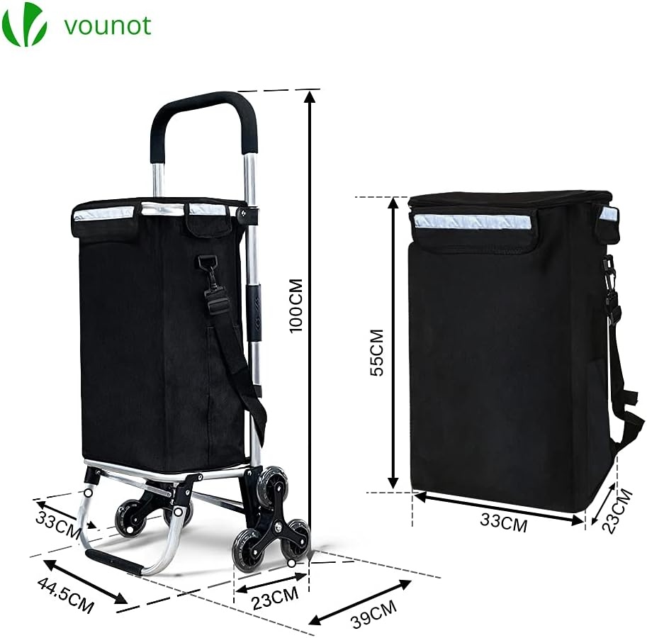 VOUNOT Boodschappentrolley met 6 wielen van aluminium met waterdicht geïsoleerd vak, boodschappentrolley, opvouwbaar, 3-in-1, tas, trolley, trap, zwart