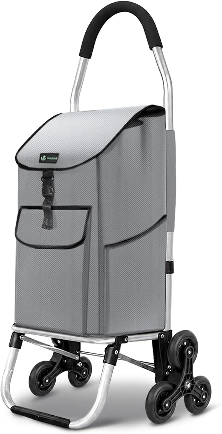 VOUNOT Boodschappentrolley met 6 wielen van aluminium met waterdicht geïsoleerd vak, boodschappentrolley, opvouwbaar, 3-in-1, tas, trolley, trap, zwart