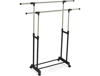 Relaxdays dubbel verstelbaar kledingrek op wielen, 85-148 cm hoog, 85-141 cm breed, zilver-zwart