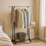 Relaxdays dubbel verstelbaar kledingrek op wielen, 85-148 cm hoog, 85-141 cm breed, zilver-zwart