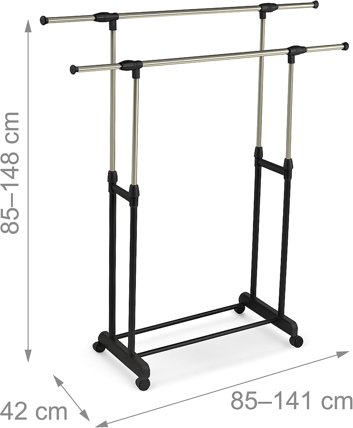Relaxdays dubbel verstelbaar kledingrek op wielen, 85-148 cm hoog, 85-141 cm breed, zilver-zwart