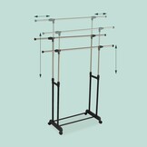 Relaxdays dubbel verstelbaar kledingrek op wielen, 85-148 cm hoog, 85-141 cm breed, zilver-zwart
