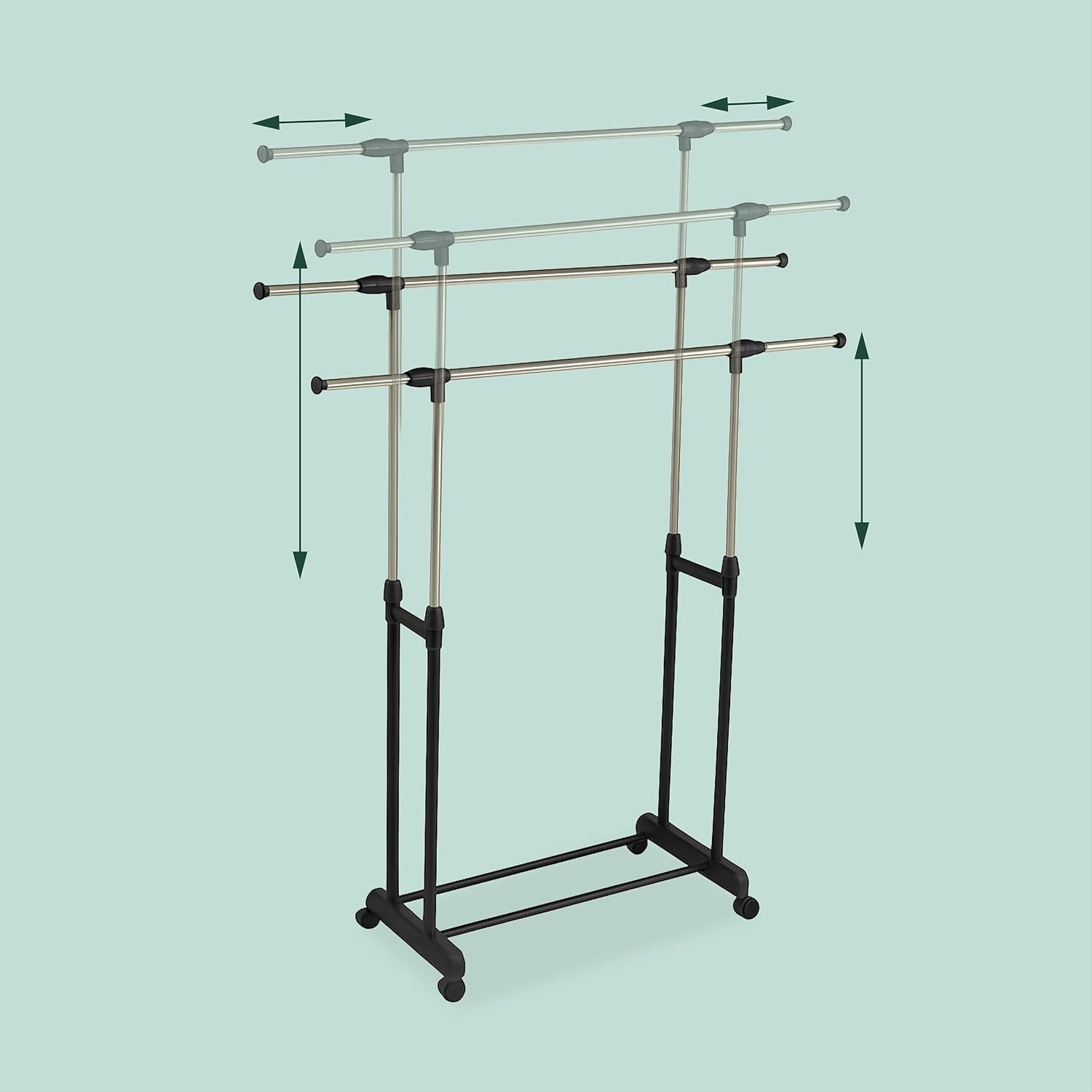Relaxdays dubbel verstelbaar kledingrek op wielen, 85-148 cm hoog, 85-141 cm breed, zilver-zwart