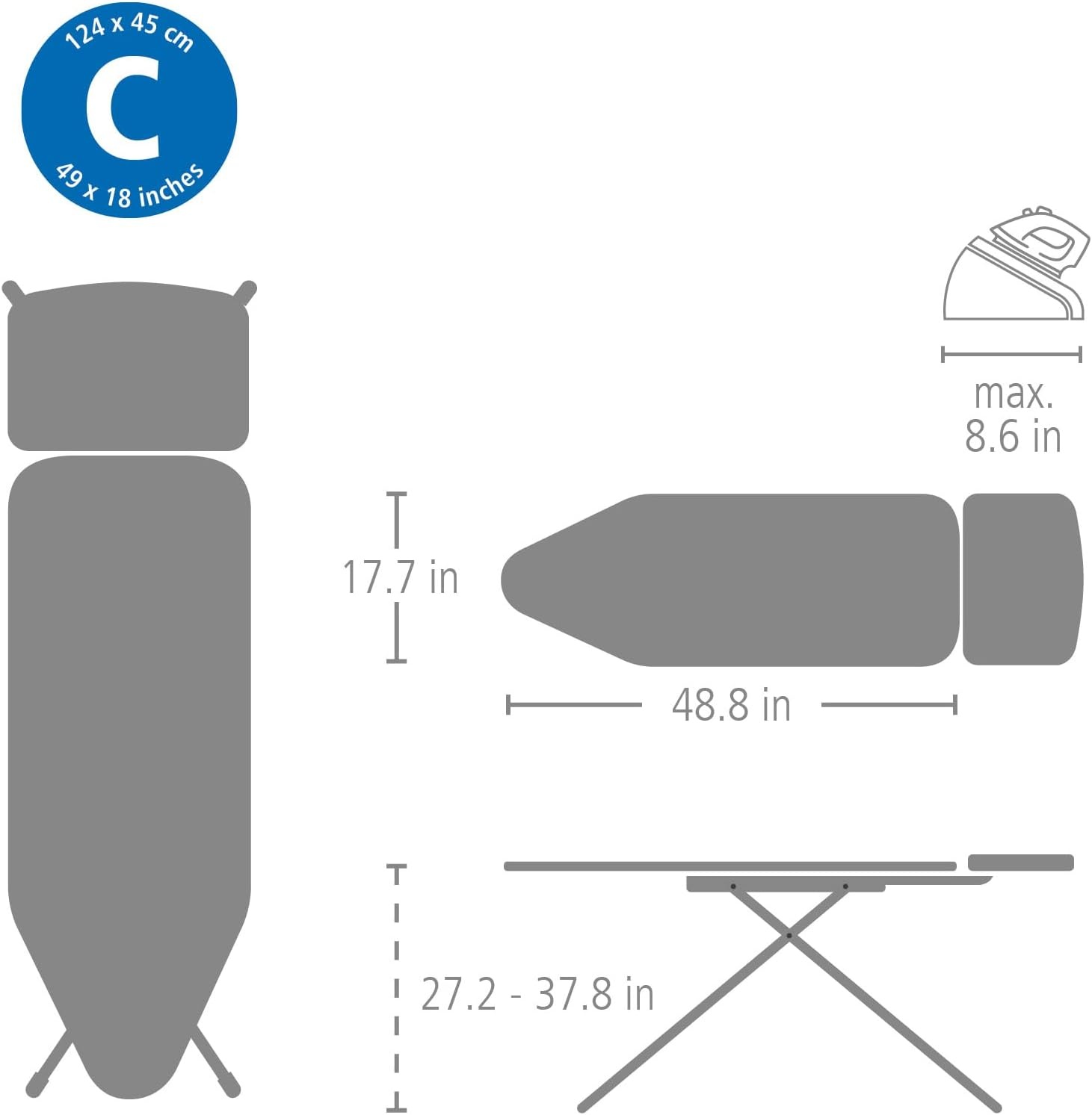 Brabantia Ironing Board C, Strijkplank, Denim Black, 124 x 45 cm