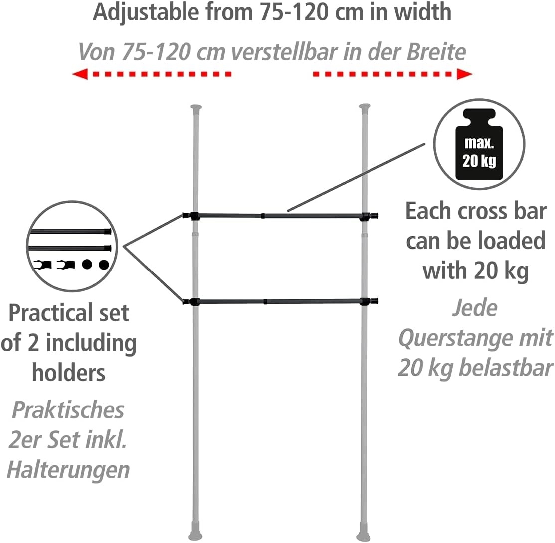 WENKO Hercules Kledingstangen - Set van 2 - 75 tot 120 cm - Zwart