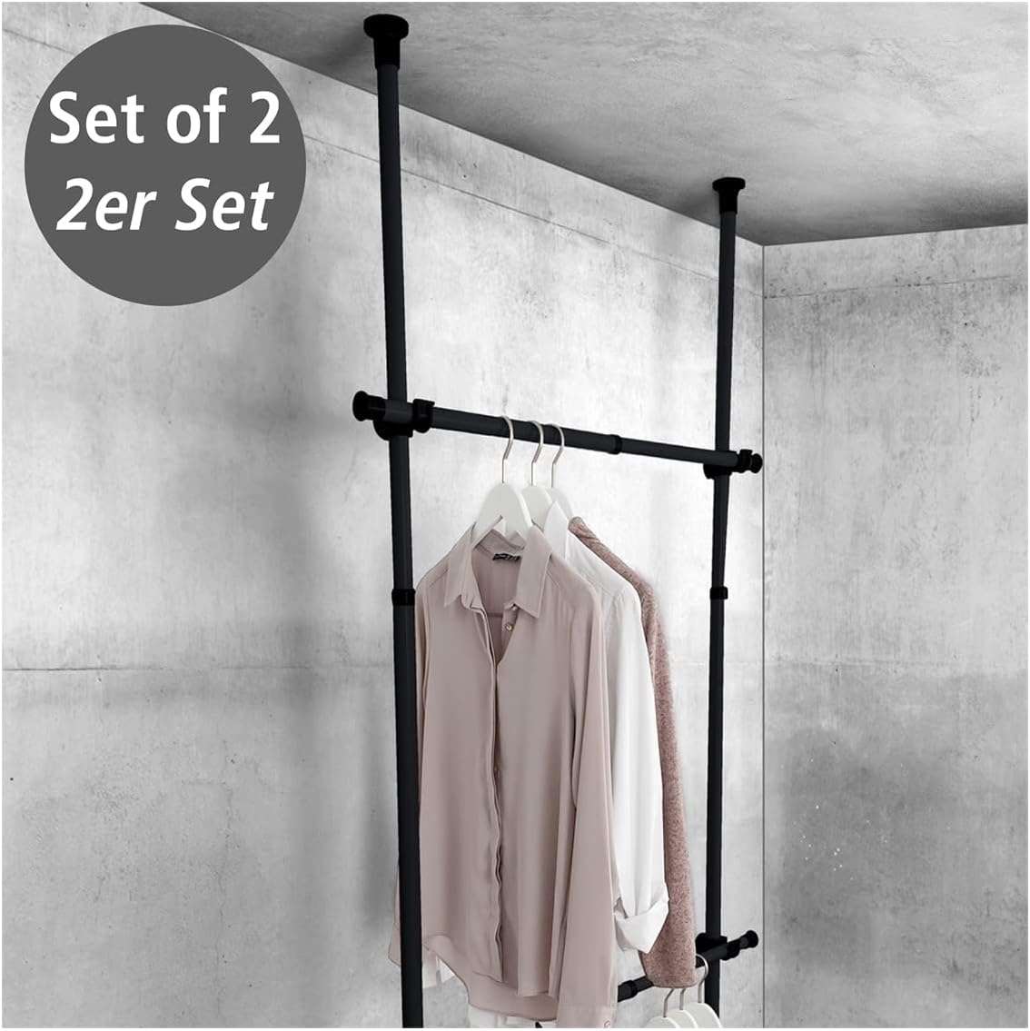 WENKO Hercules Kledingstangen - Set van 2 - 75 tot 120 cm - Zwart