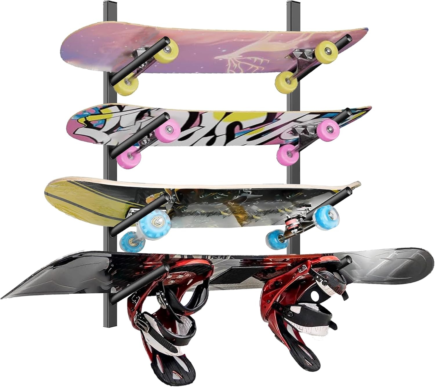 DEYOFA Skateboard Wandrek - 4 Lagen - Zwart - Ruimtebesparend Wandmontage Systeem